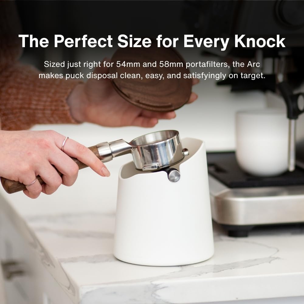 Crema Coffee Products Arc Knock Box | Holds 12–16 Espresso Pucks| Durable,Stain-ResistantBuild withNon-Slip Base|Elegant WalnutPlastic Lid Design| EasyClean-Up &Moisture Control|WhitePlasticLid Finish