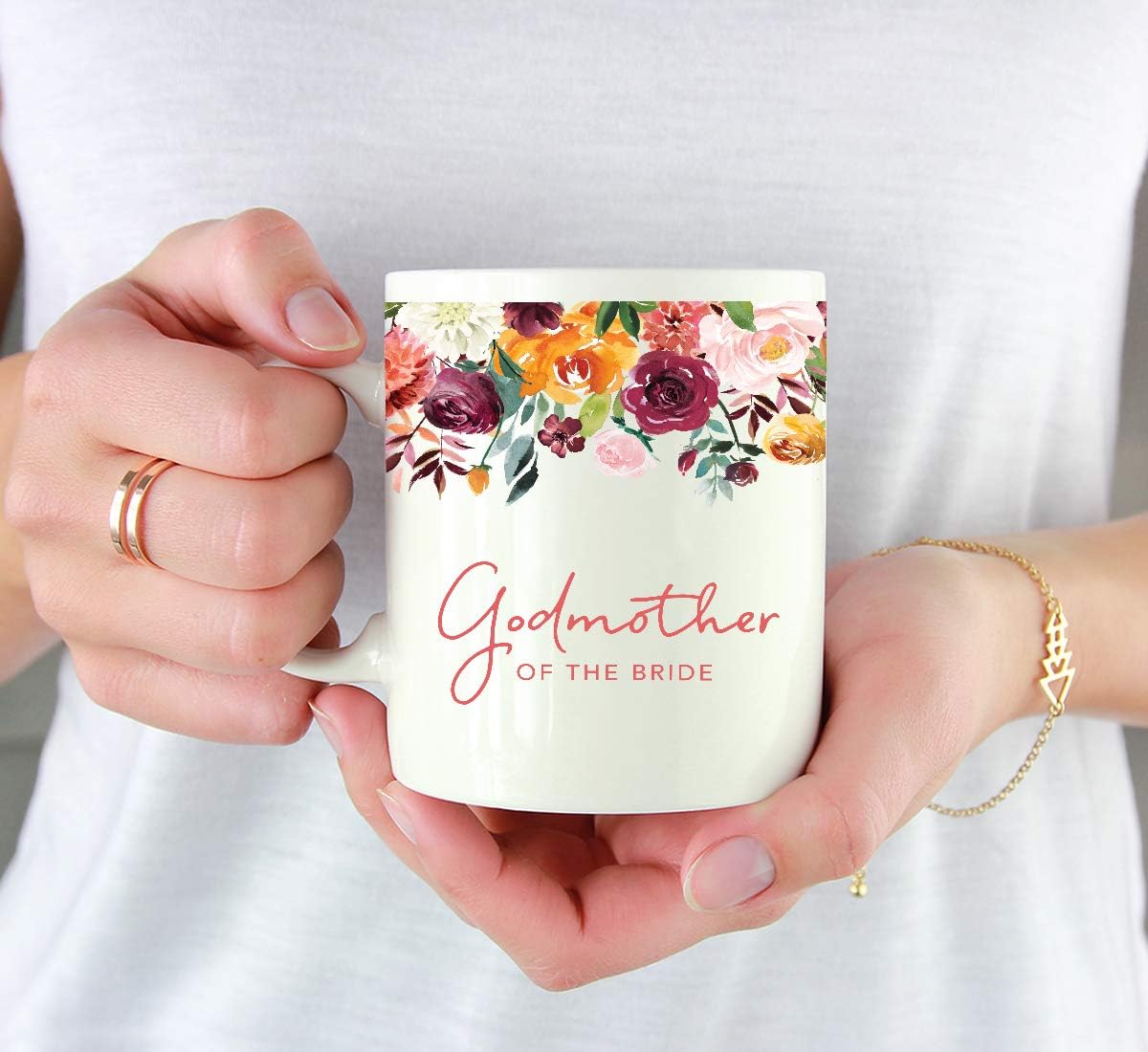 Andaz Press 11oz. Wedding Ceramic Coffee Tea Mug Gift, Fall Autumn Burgundy Orange Peach Flowers Roses Florals, Godmother of the Bride, 1-Pack, Includes Gift Box