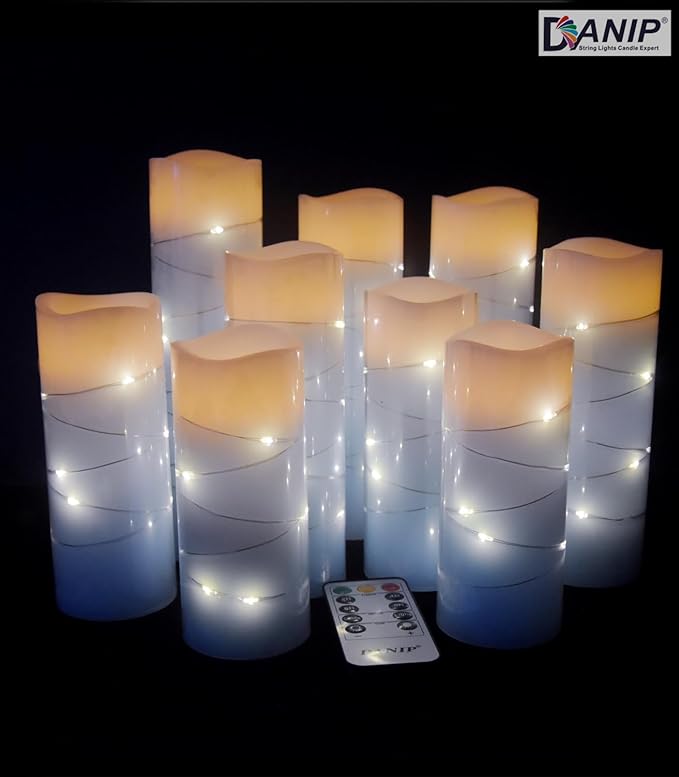 Sky Blue Flameless Candle, with Built-in Star Clusters, 9 LED Candles, 11 Button Remote Control, 24-Hour Cycle Timing, Flashing Flames, Real Wax, Battery Powered. (Full Sky Star Series)…