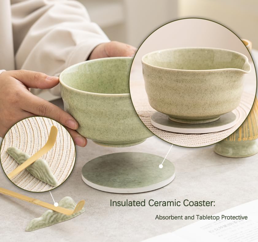 Japanese Matcha Set, Matcha Bowl with Spout and Coaster, Matcha Whisk and Holder, Sifter, Scoop, Spoon, Cleaning Brush,10 Pcs Complete Ceramic Matcha Kit