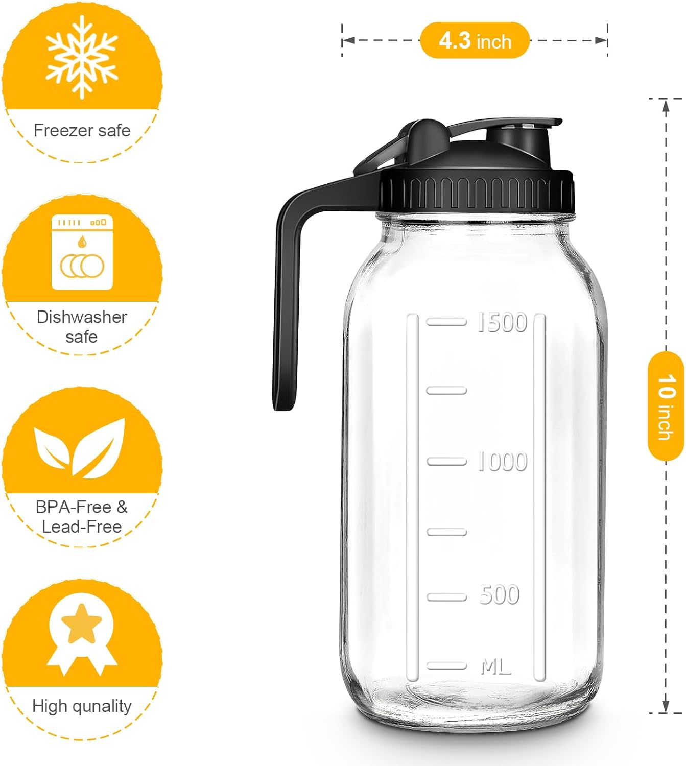 Mason Jar Pitcher, 64 OZ Glass Pitcher with Lid Double Leak-proof with Handle Water Jug Wide Mouth Breast Milk Pitcher Fridge Container for Water, Juice, Iced Coffee, Tea, Juice （Black）