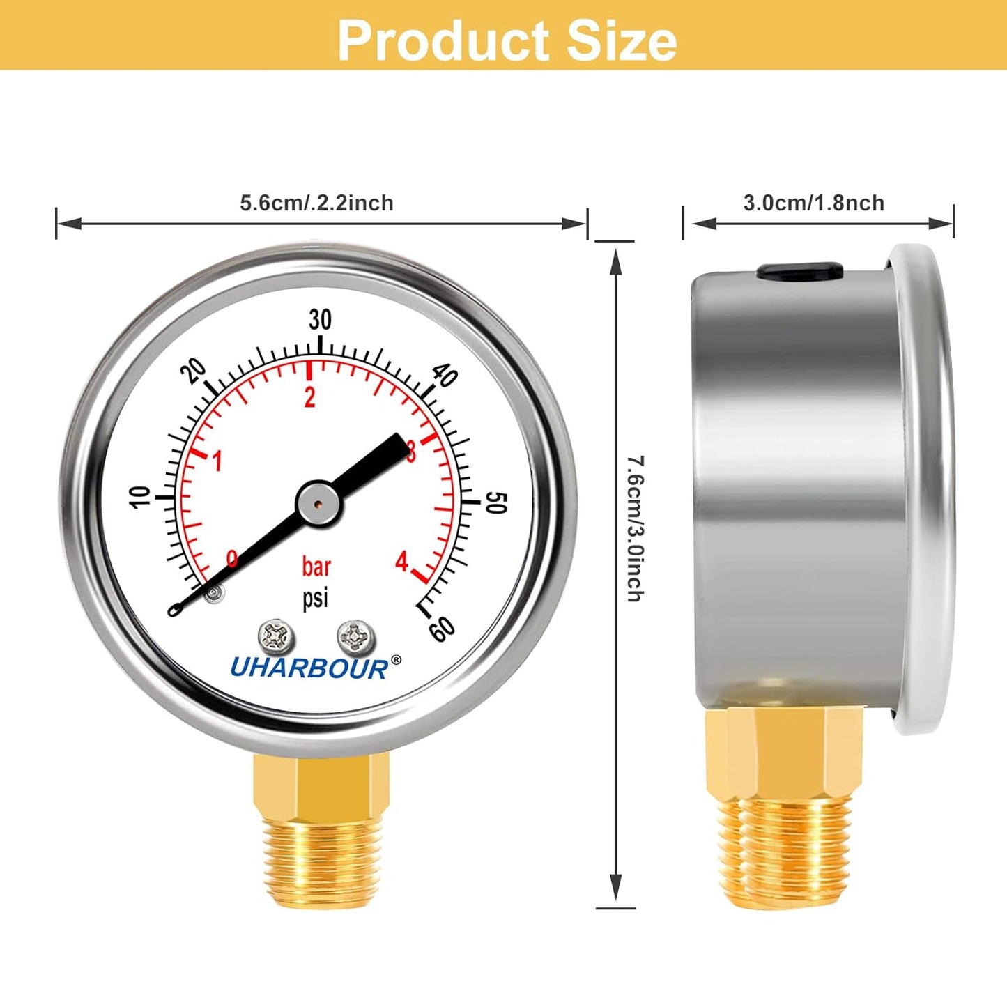 Lead-Free Water Pressure Gauge Liquid Filled 60 Psi 2" Dial, Stainless Steel Case, 1/4" NPT Lower Mount, Water Pressure Gauge for Home