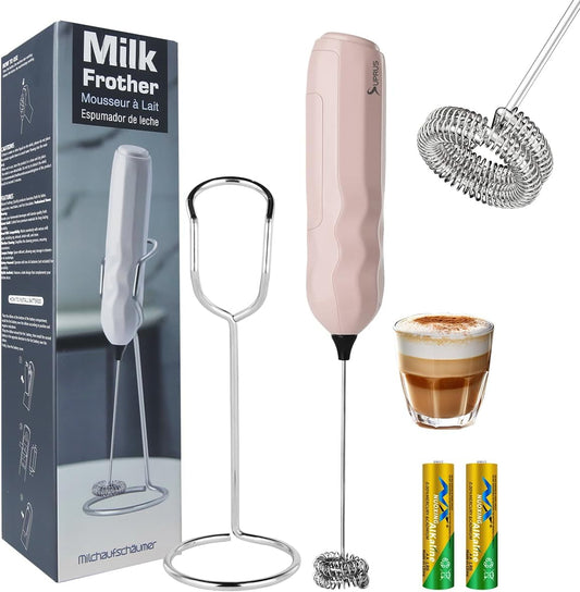 SUPRUS Ultra Fast Handheld Milk Frother Double Whisk with Stand 2 Batteries Stainless Steel for Lattes Cappuccino Matcha Hot Chocolate Coffee Bar Accessories Kitchen Gadgets Gift