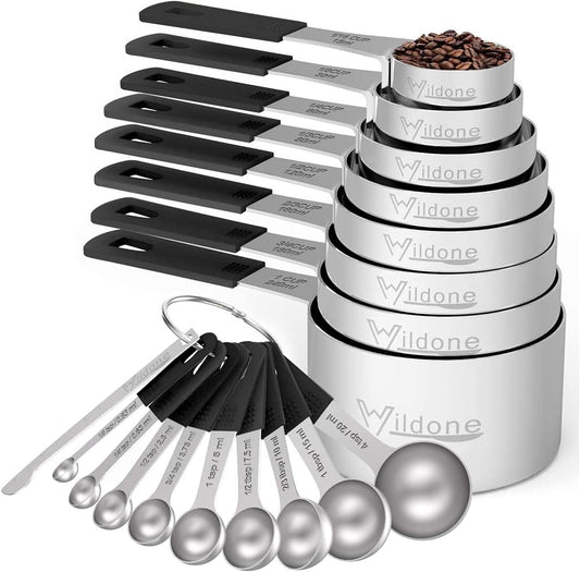 Measuring Cups & Spoons Set of 18 - Wildone Stainless Steel Nesting Measuring Cups 8 Piece and 9 Measuring Spoons, 1 Leveler, Ideal for Dry and Liquid Ingredients (Black)