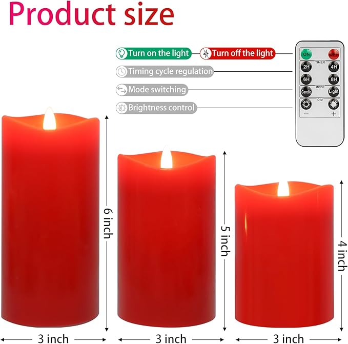 Red Flameless Candles with Remote, Flickering Battery Operated Candles with Timer, Real Wax LED Pillar Fake Candles for Christmas Party Home Decor, Set of 3