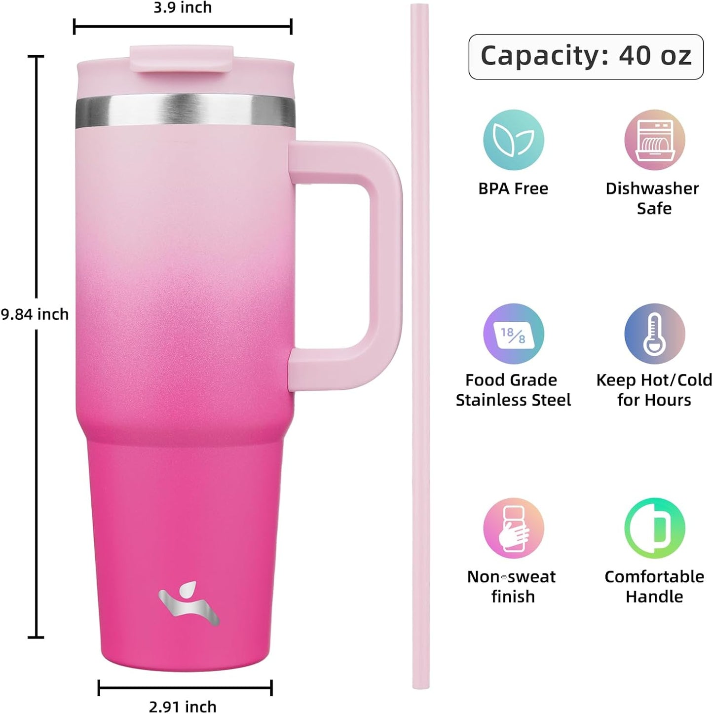 40 oz Tumbler with Handle and 2 Straws,2 in 1 Lid Insulated Water Bottle Stainless Steel Travel Coffee Mug,Cherry Blossoms