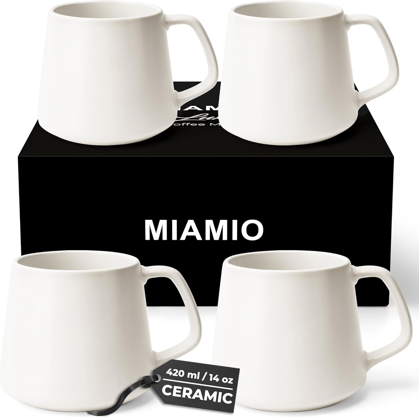 MIAMIO - Coffee Mugs Set of 4 / Large Ceramic Coffee Cups (14 oz) - Mug for Cappuccino, Tea, Espresso - Microwave and Dishwasher Safe - Luxe Collection (White Series)