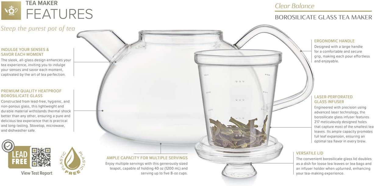 Teabloom Innovative Filtered Borosilicate Glass Teapot With Microdot Whole Leaf Tea Glass Infuser, 40 ounces – A Pure & Immersive Tea Experience – Tea Purist's Choice