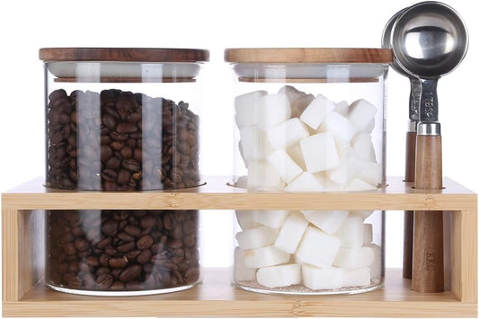 KKC HOME ACCENTS Vacuum Sealed Sugar Coffee Container set with Spoon for Countertop,Glass Sealed Jar Canisters with Wood Lids for Loose Leaf Tea,Sugar,Salt,25 Fluid-oz