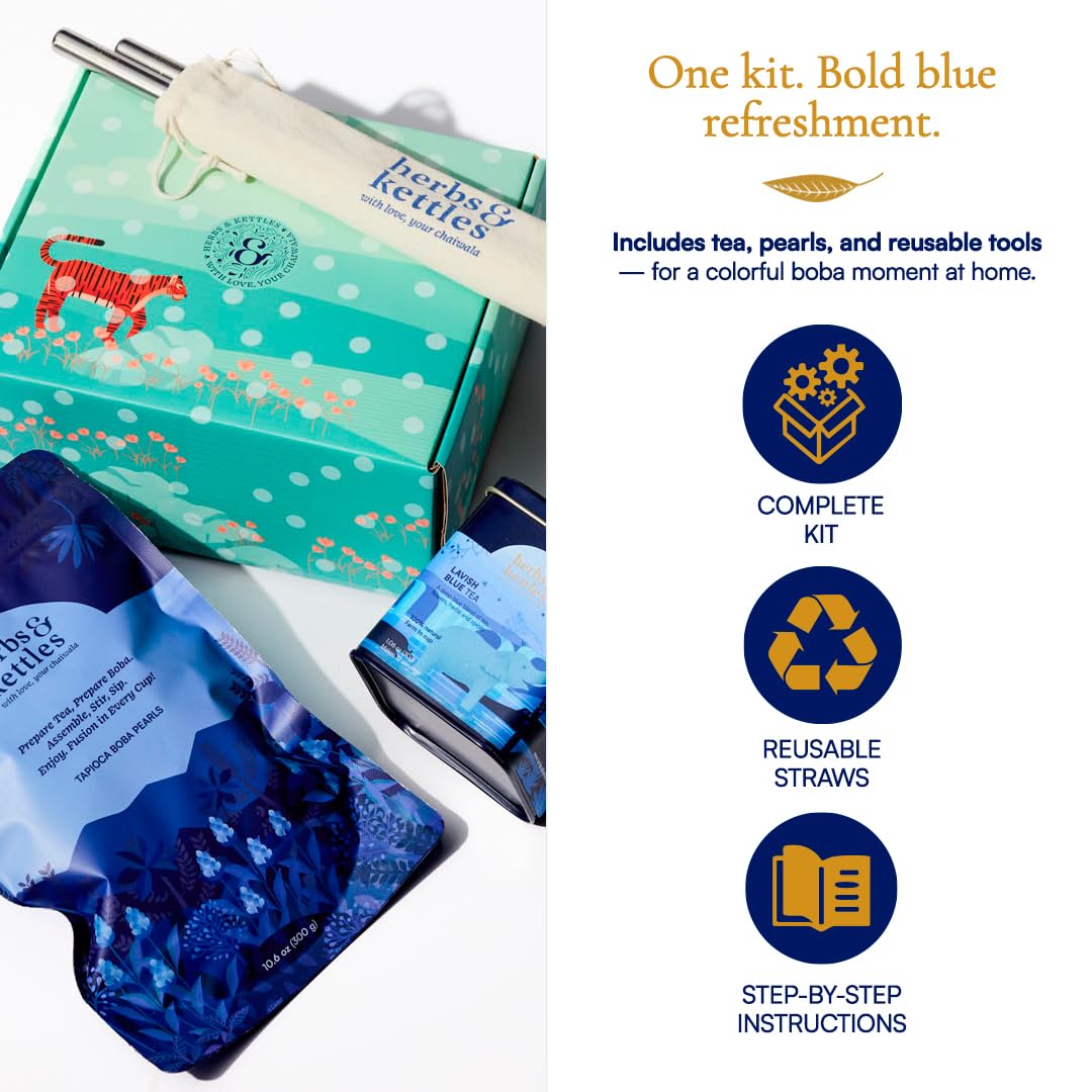 Herbs & Kettles Lavish Blue Tea Boba Kit | Butterfly Pea Flower Tea with Green Tea, Lemongrass, Ginger & Mint + Chewy Tapioca Pearls | DIY Color-Changing Bubble Tea Kit with Reusable Straws |