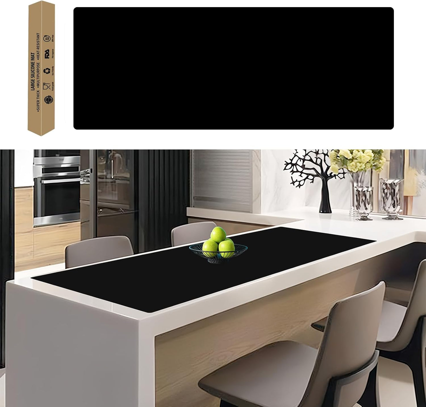 49.2''x15.7''(125cmx40cm) Extra Large Silicone Mat, Silicone Mats for Kitchen Countertop, Heat Resistant Mat Kitchen Island Countertop Protector, Waterproof Kitchen Counter Mats, Black