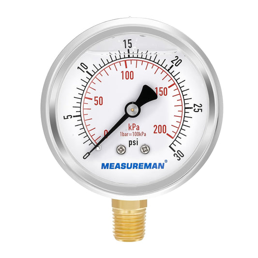 MEASUREMAN 2-1/2inch Dial Size, Oil Filled Pressure Gauge, 0-30psi/kpa, 304 Stainless Steel Case, 1/4 inchNPT Lower Mount