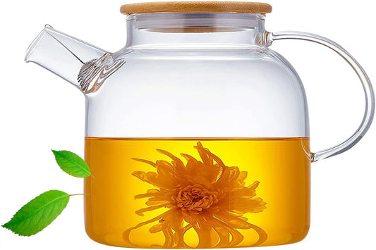 Glass Teapot 50.7oz/1500ml, Stovetop & Microwave Safe Borosilicate Tea Pot,Clear Teapot with Strainer, Glass Tea Kettle with Wooden Lid for Loose Leaf、Fruit Tea and Fragrant Tea