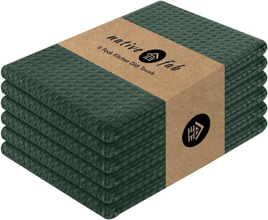 Native Fab Cotton Kitchen Towel with Hanging Loop 16x26 inches, 6-Pack, Waffle Weave Kitchen Towels for Cleaning Drying, Washcloths Soft & Absorbent Cloth Rags, Bar Towel, Dish Cloth, Olive Green