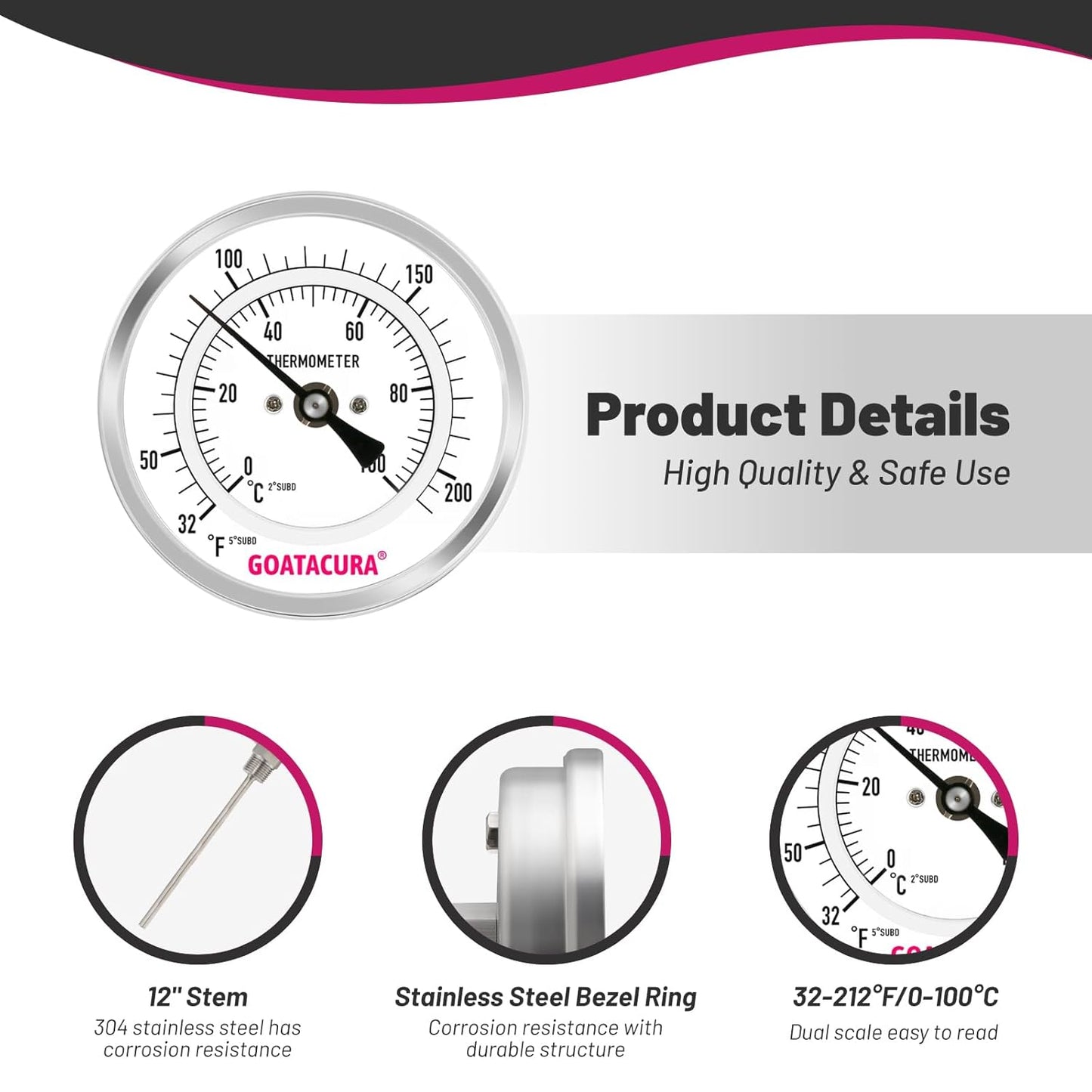Dial Thermometer for Brewing, 304 Stainless Steel Case and Probe, 3" Dial Size, 12" Stem Length, 32-212 Deg F/0-100 Deg C, 1/2" NPT Back Mount