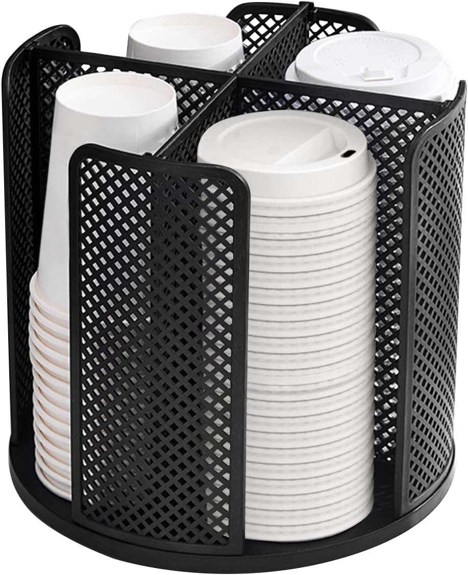 Cup and Lid Organizer Cup Dispenser Coffee Cup Organizer Paper Cup Holder Rotating for Bathroom, Restaurant, Break Room, Coffee Station, Bar, Buffet, Kitchen Cabinet, Countertop,4 Compartment