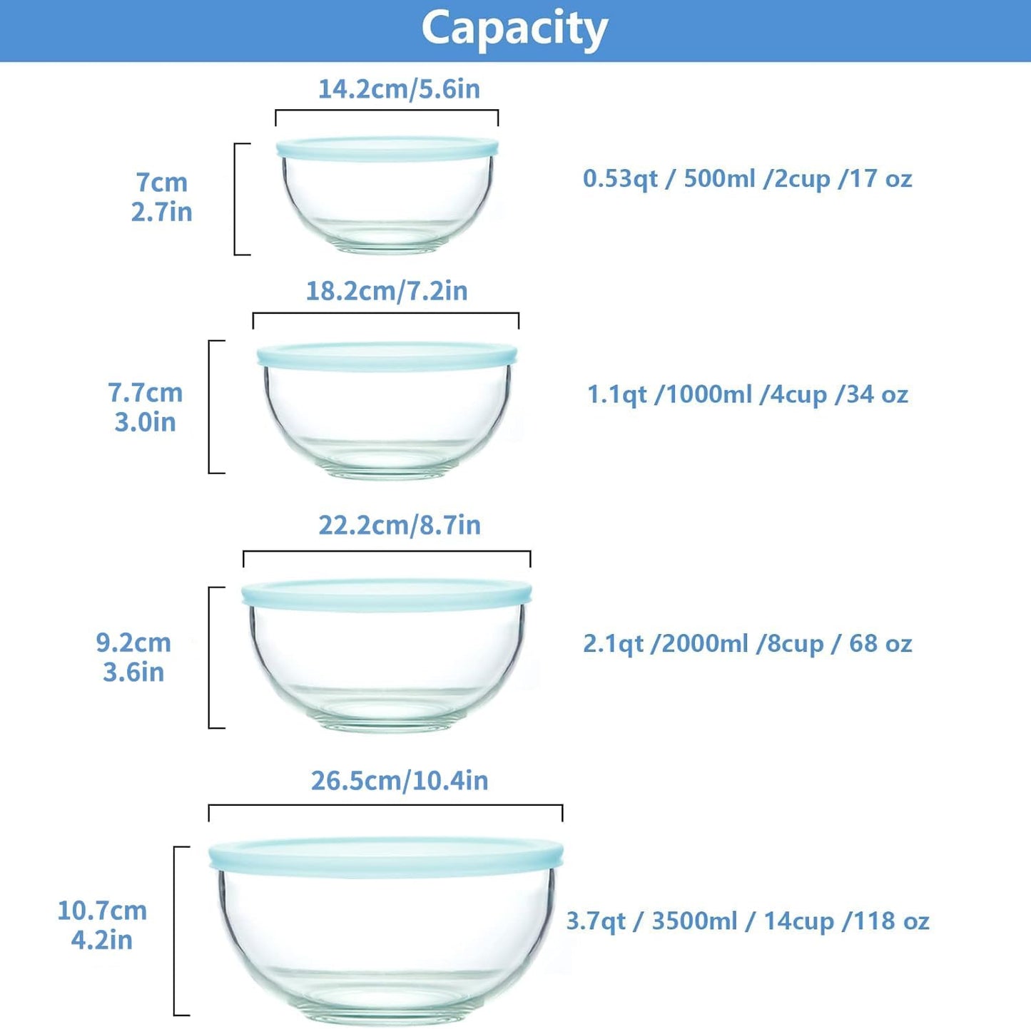WhiteRhino 8 Piece Glass Bowls with Lids, Heat Resistant Glass Mixing Bowls Set (3.7QT, 2.1QT, 1.1QT, 0.53QT), Clear Salad Bowls with BAP-Free Lids for Kitchen, Oven Microwave Dishwasher Safe