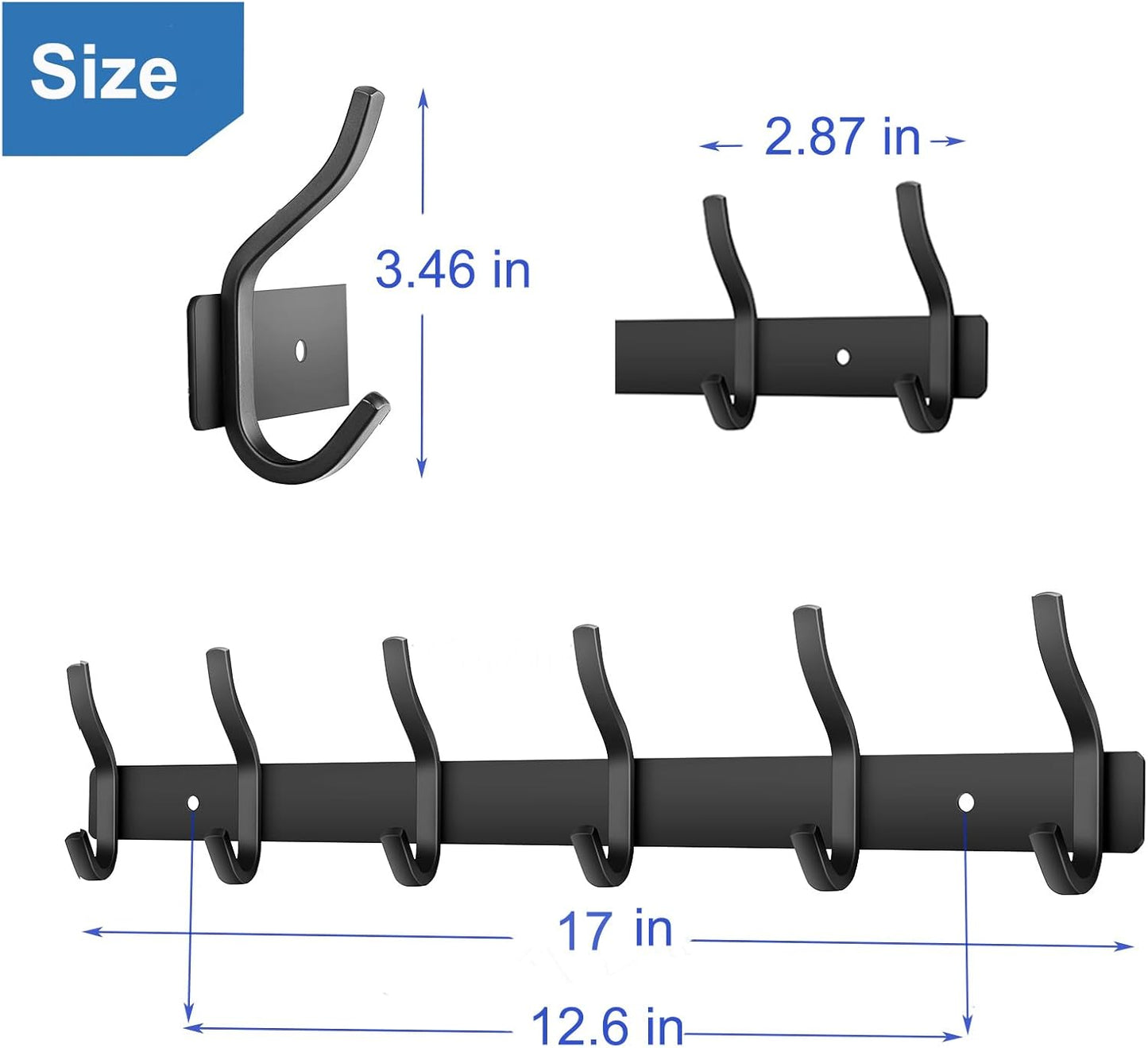 Wall Hooks Heavy Duty, 17 Inch Coat Rack Wall Mount with 6 Hooks, Black Wall Hooks for Entryway, Bathroom - for Hanging Backpack, Bag, Coat, Purse, Hat, Towel, Clothes,2 Packs