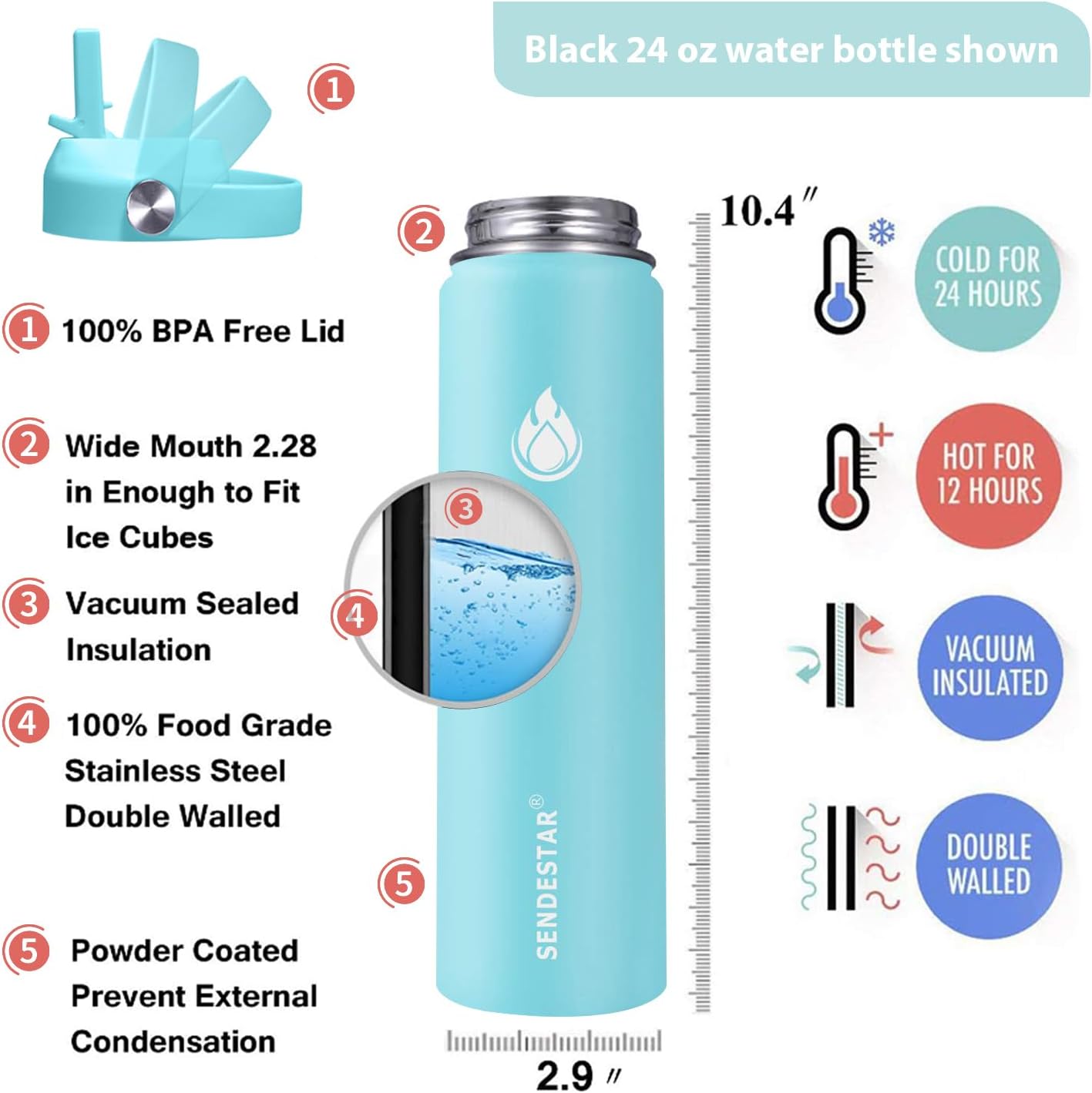 SENDESTAR Stainless Steel Wide Mouth Water Bottle 24oz Double Wall Vacuum Insulated Leak Proof Bottle with New Flex Straw Lid & Spout Lid XIN-MI-0750-1