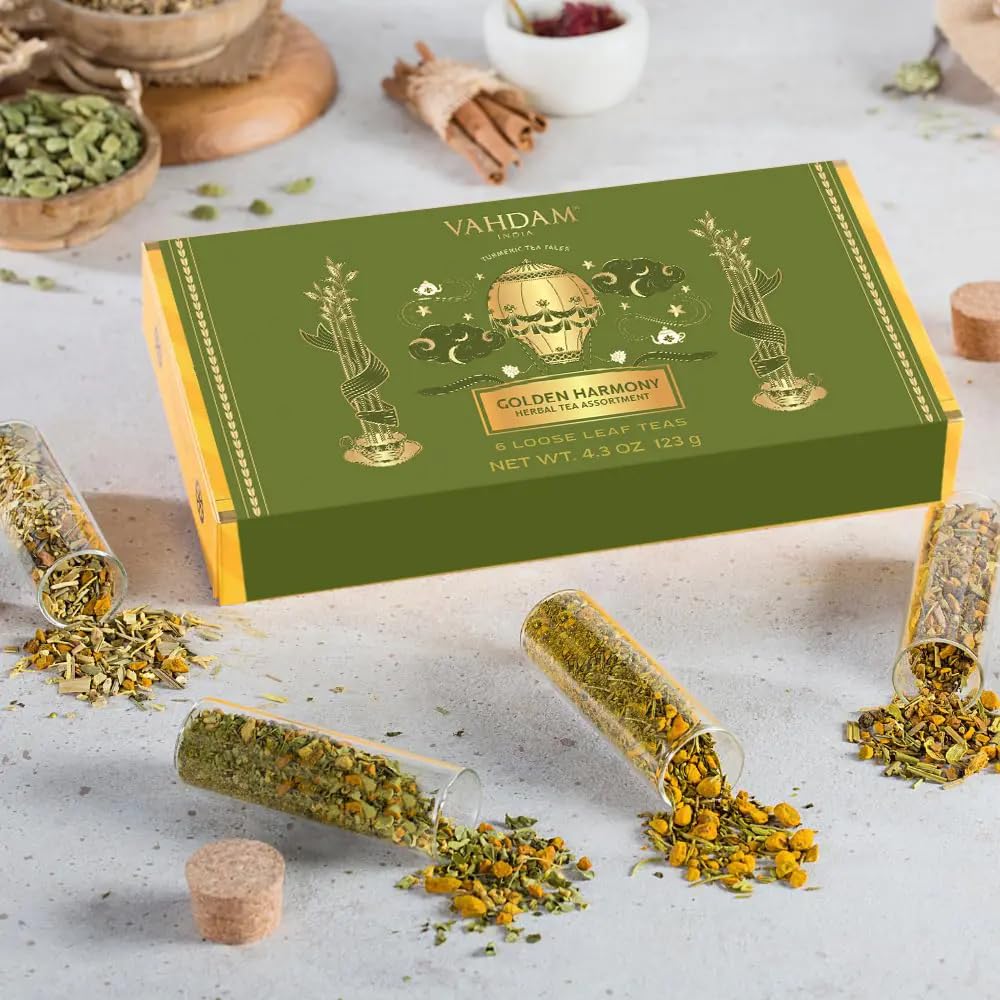 VAHDAM, Limited Edition - Turmeric Herbal Wellness Tea Gift Set - 6 Oprah's Favourite Turmeric Herbal Blends in Gift Box | Gluten Free, Non GMO | Gifts for Him/Her | Tea Gifts for Men & Women