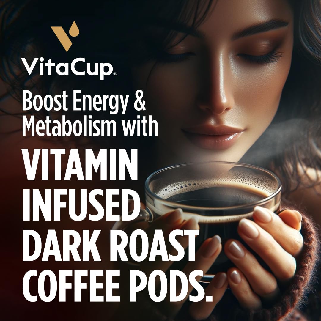 VitaCup Energy Dark Roast Coffee Pods, Boost Focus & Metabolism, Antioxidants, B Vitamins, Bold & Smooth,100% Arabica Coffee, Recyclable Single Serve Pod Compatible with Keurig K-Cup Brewers,32 Ct