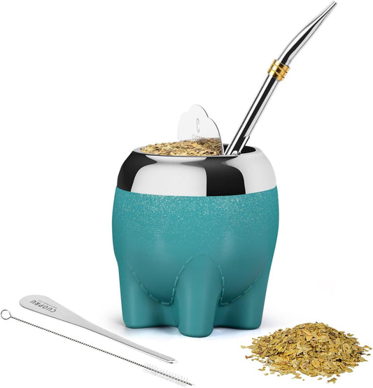 Premium Yerba Mate Cup 5 in 1 Set, Including Stainless Steel Gourd (Glitter Stars, Cute Elephant Style) Bombilla Straw, and Tea Shaper Set, 5.4oz, Gift for Women Drinking Coffee Tea Water