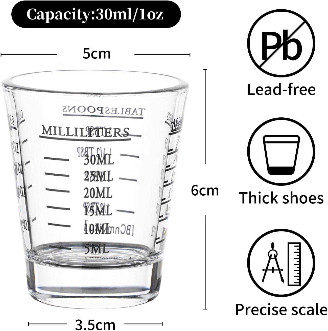 Shot Glasses Measuring cup Espresso Shot Glass Liquid Heavy Glass Wine Glass 2 Pack 26-Incremental Measurement 1oz, 6 Tsp, 2 Tbs, 30ml (Black and Red)