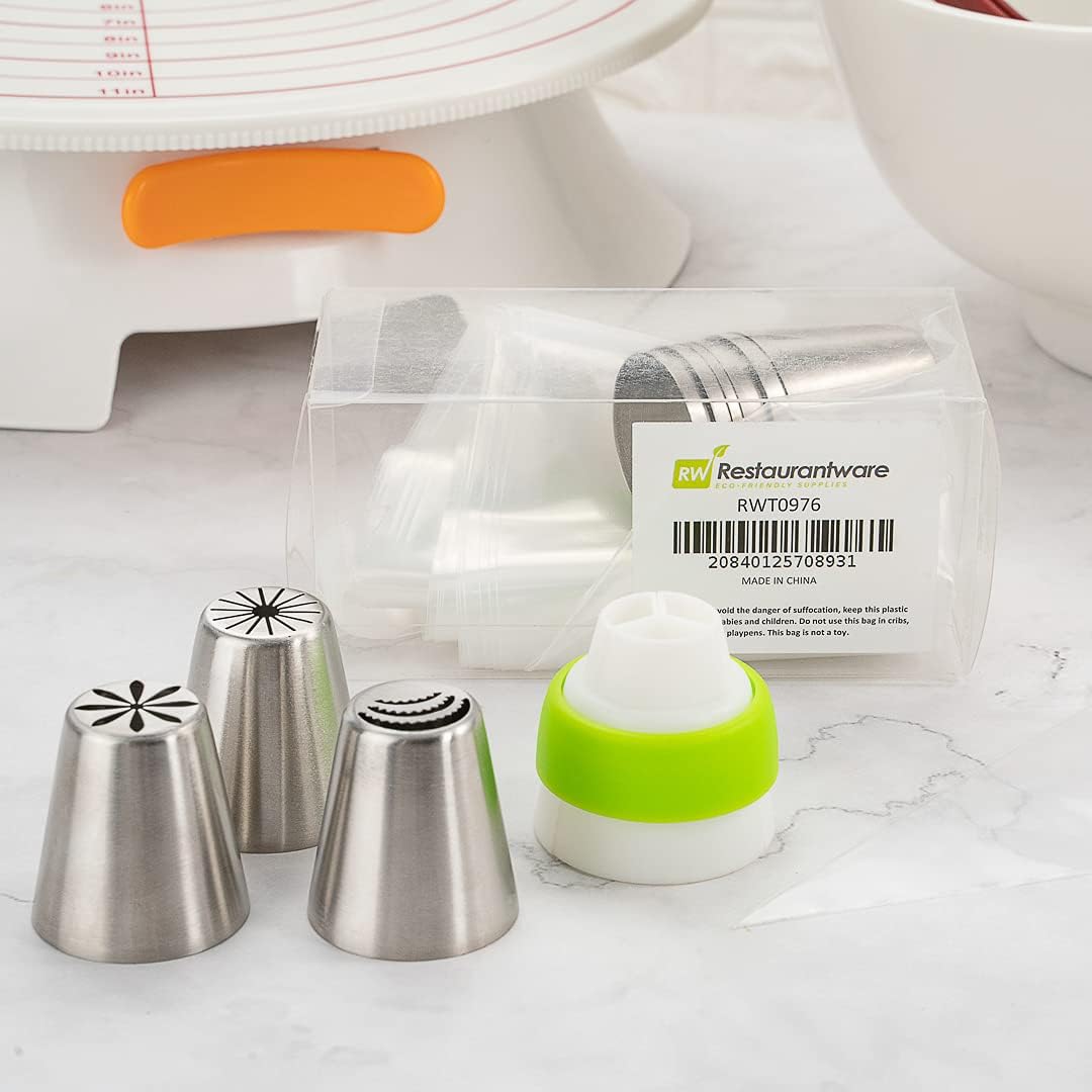 Restaurantware Pastry Tek Russian Piping Tips Set 20 Piece Durable Cake Decorating Kit - 9 Piping Tips 10 Piping Bags Stainless Steel Piping Bags And Tips Set 1 Tri-Color Coupler