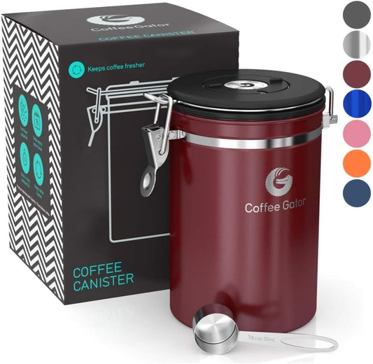 Coffee Gator Coffee Canister, 22oz Airtight Stainless Steel Kitchen Food Storage Container with Date Tracker, Valve, Scoop for Sugar, Grounds, Beans, Tea, Sugar, Cereal, Flour, Cookies Jars - Red