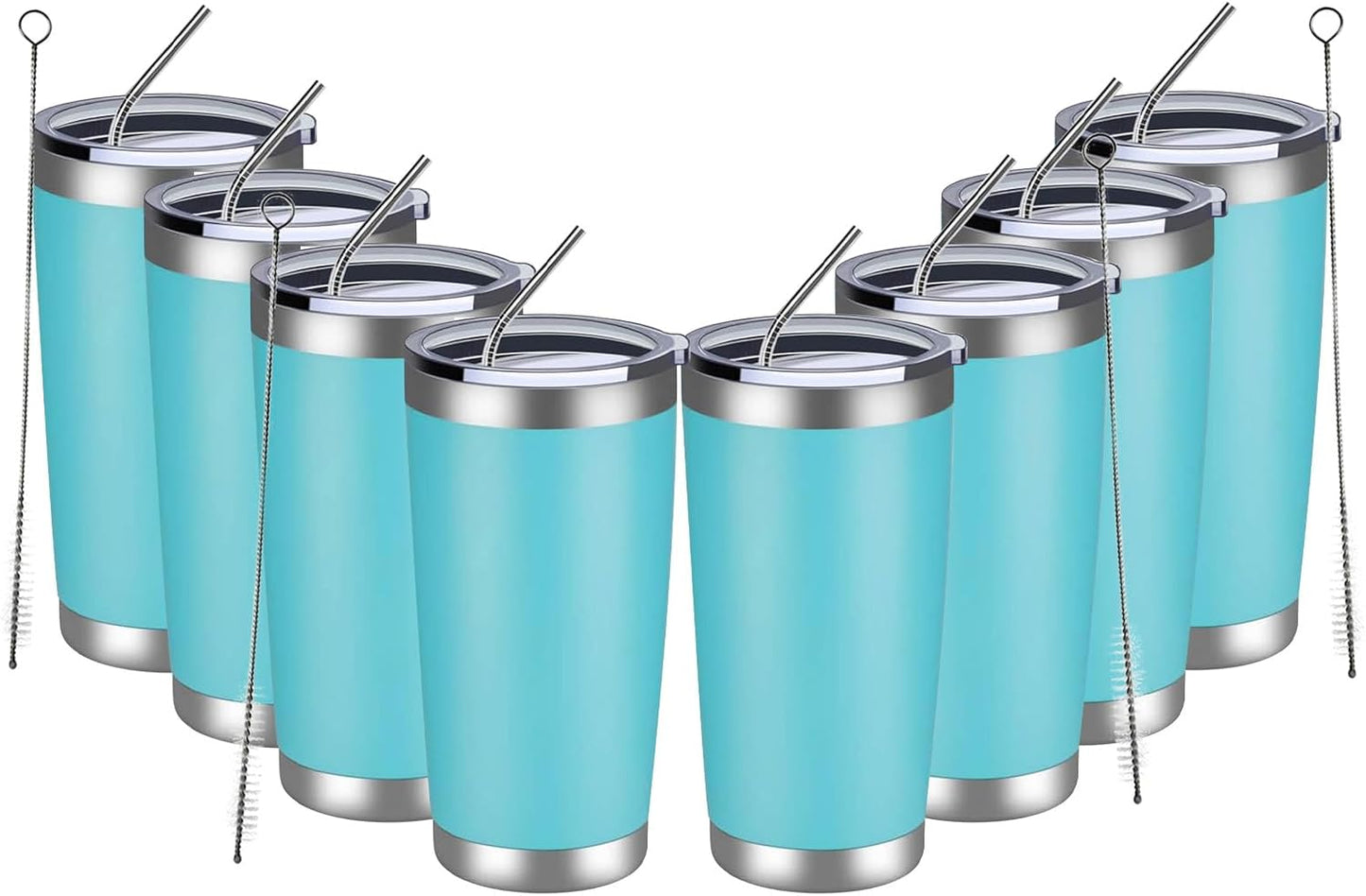 MEWAY 20oz Tumbler 8 Pack Double Wall Vacuum Insulated Travel Mug Bulk, Stainless Steel Tumblers with Lid and Straw, Durable Powder Coated Coffee Cups for Cold & Hot Drinks (Light Blue, 8)