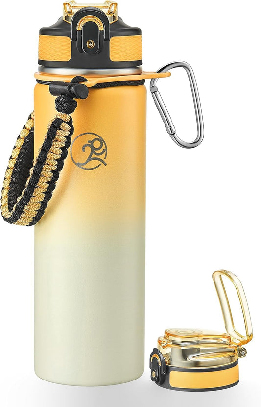 GOSWAG Insulated Sports Water Bottle, 24oz 2 Lids(with Straw/No Straw), Stainless Steel Water Bottles with Paracord Handle, Insulated Bottle with Double-Wall Vacuum Insulation