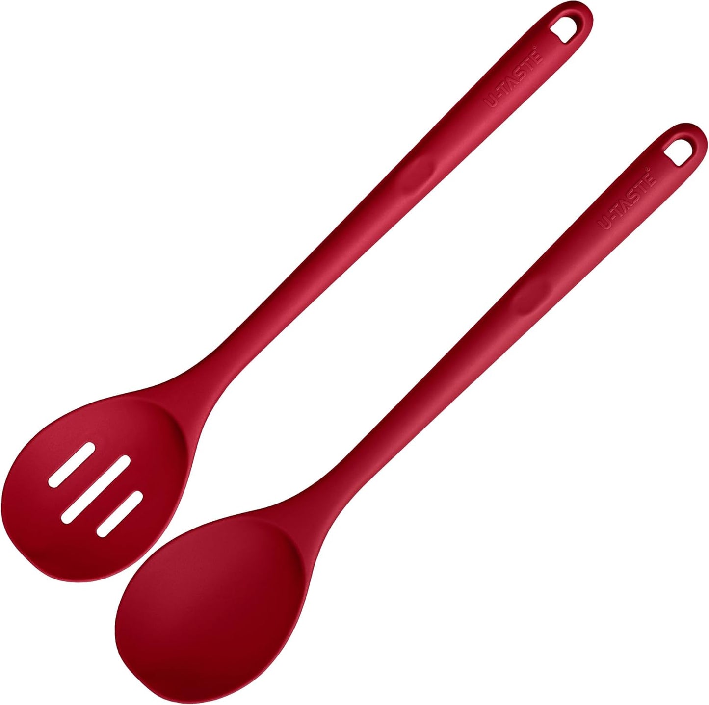 600ºF Heat Resistant Silicone Spoons: U-Taste 13.3in Solid & Slotted Kitchen Cooking Spoon, Nonstick Long Rubber Utensil, Sturdy for Mixing, Serving, Stirring, Frying, Draining (Red, 2PCS)