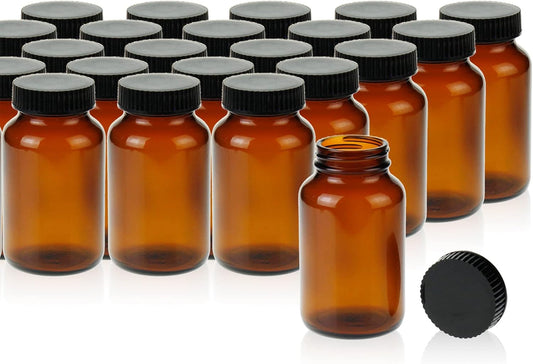 Wide Mouth Packer Bottle, Amber Glass, 200 ML (6.7 OZ) Capacity with 45-400 Black Polyethylene Screw Cap Lined PE Septa, Package of 24 Units