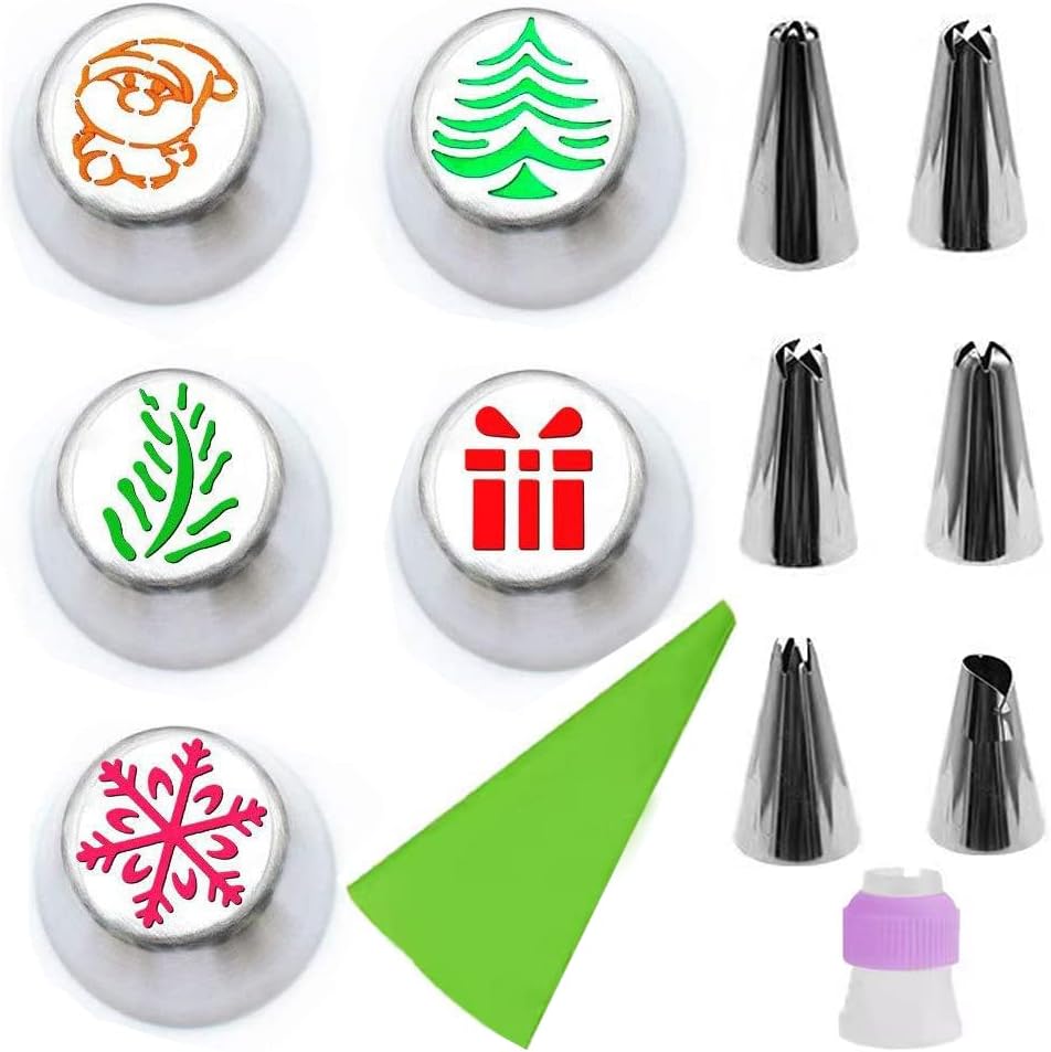 Christmas Piping Bags and Tips Set, 11 Pcs Frosting Tips, Icing Bags Disposable for Cakes Decorating Kit Supplies with 1 Reusable Piping Bags, 1 Couplers