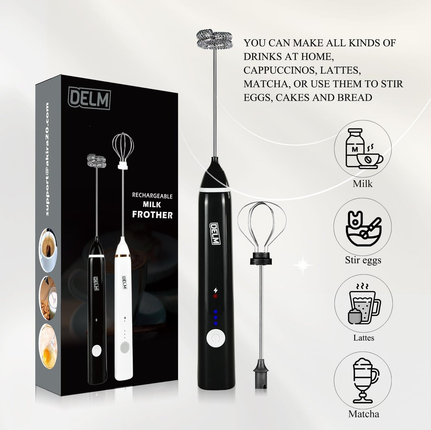 Delm Milk Frother Electric USB Stainless Steel Accessory - Frother Wand Foam Maker for Lattes - Milk Frother Handheld for Cappuccino, Frappe, Matcha, Hot Chocolate - Frother for Coffee (black)