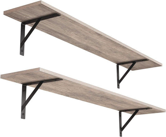 DINZI LVJ Long Wall Shelves, 39.4Inch Wall Mounted Shelves Set of 2, Easy-to-Install, Wall Storage Ledges with Sturdy Metal Brackets for Living Room, Bathroom, Bedroom, Kitchen, Greige