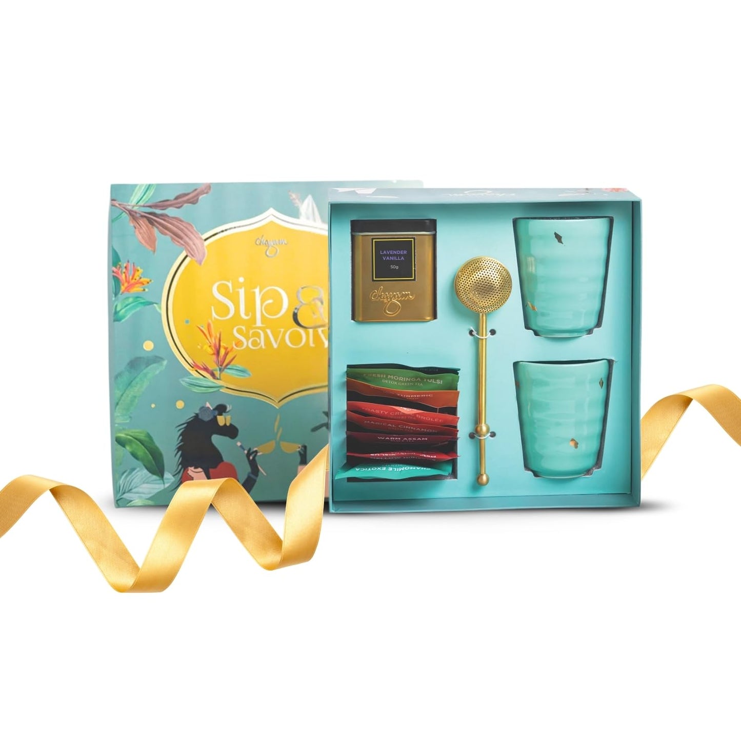 CHAYAM Luxury Tea Gift Set |10 Tea Bags, Lavender Vanilla Loose Leaf 50g/1.76oz, 2 Ceramic Cups & Premium Lead-Free Brass Infuser | Gift for Women & Tea Lovers