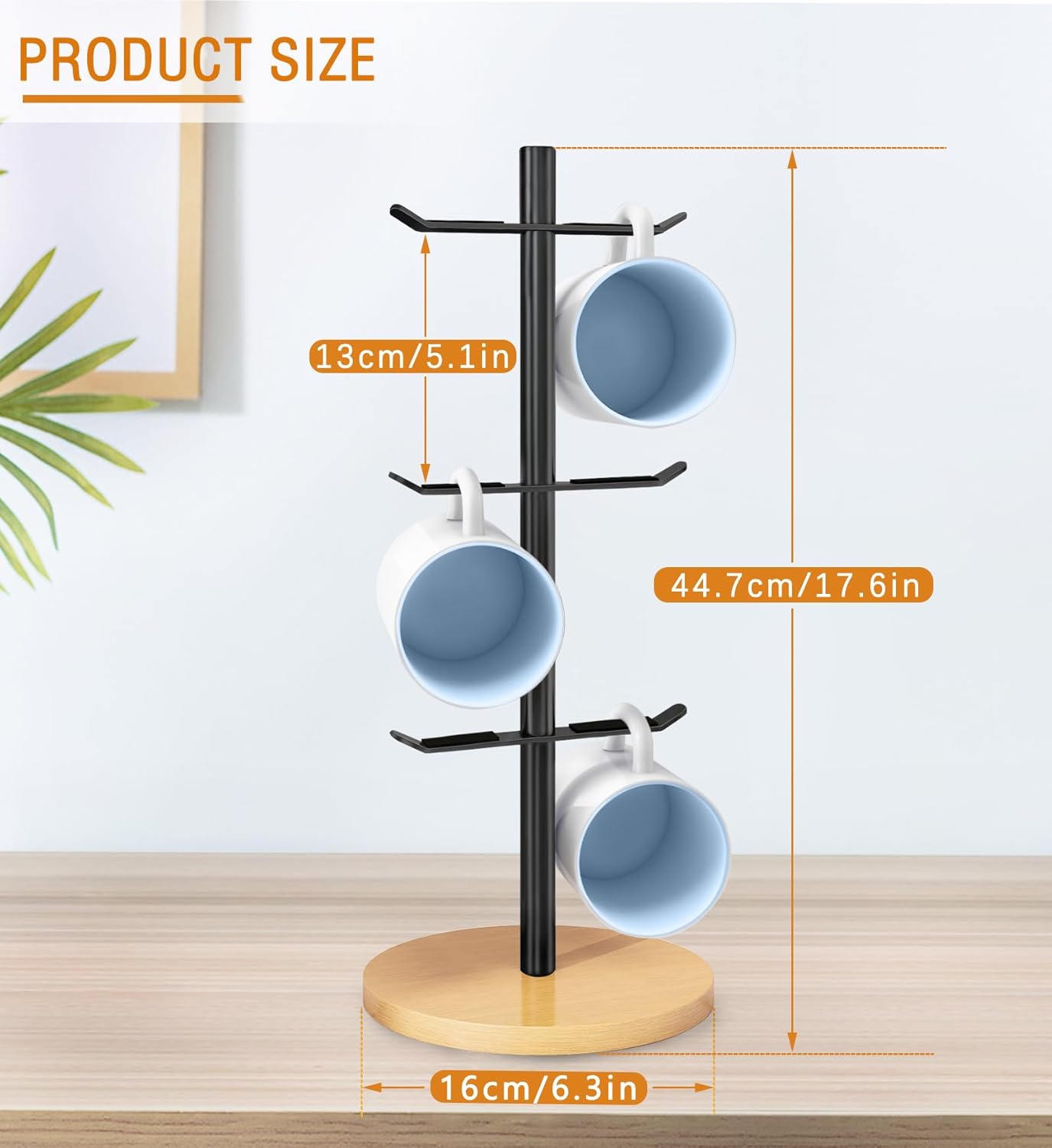 Coffee Cup Holder Tree, Mug Holder with 6 Hooks, Mug Tree for Counter, Metal Mug Rack, Coffee Mug Stand(Balck)