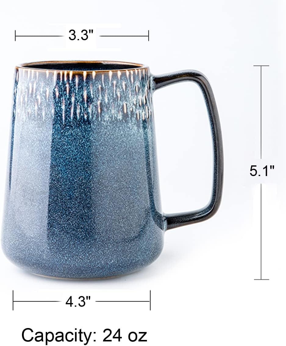 Large Ceramic Coffee Mug, 24 oz Big Tea Cup with Large Handle, Vintage Coffee Cup for Office and Home, Dishwasher and Microwave Safe, Blue