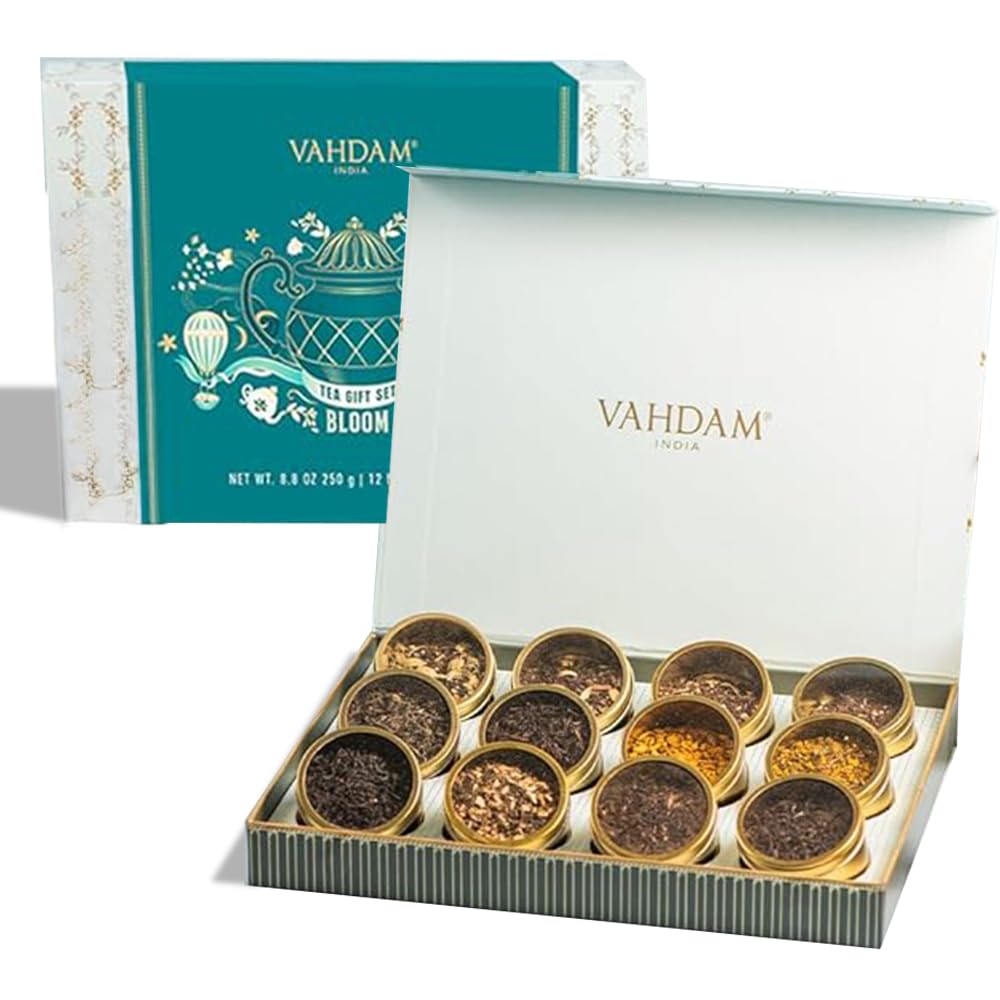 VAHDAM, Bloom - Assorted Tea Gift Sets (12 Loose Leaf Tea) Tin Caddy Presentation Box | Gluten Free, Non GMO | Gifts for Him and Her