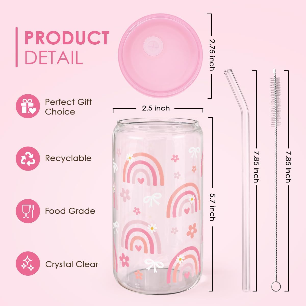 Rainbow 16oz Can Glass Tumbler with Acrylic Lid & Straw, Iced Coffee Cup for Women Girls, Aesthetic Cups Gifts for Birthday Christmas