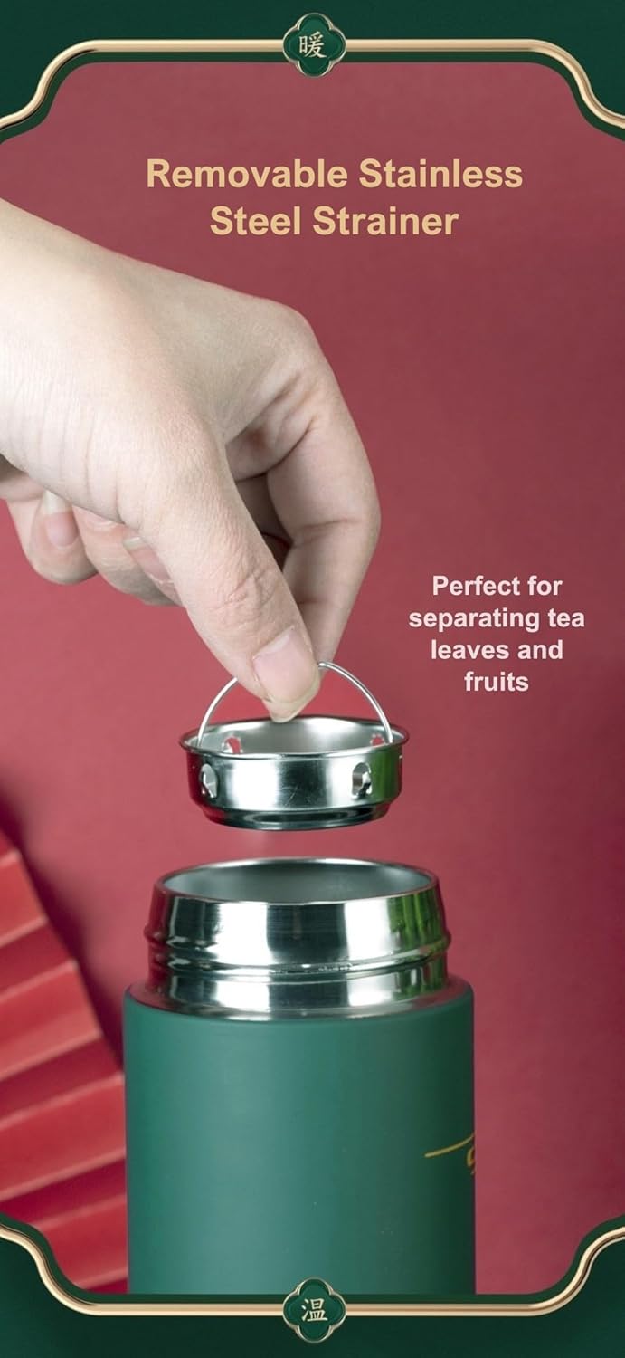 Insulated Coffee Tea Travel Thermos Mug Water Bottle with Removable Strainer and Temperature Featuring Elegant Asian Art Design - 16.9 fl oz (Black)