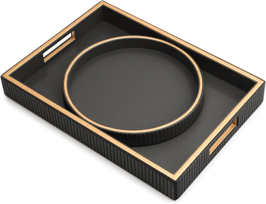 SANZIE Leather Tray Desktop Storage Organizer Premium Serving Tray Decorative Tray Valet Tray for Sundries Cosmetics Phone Wallet Cutlery, Combination, Black