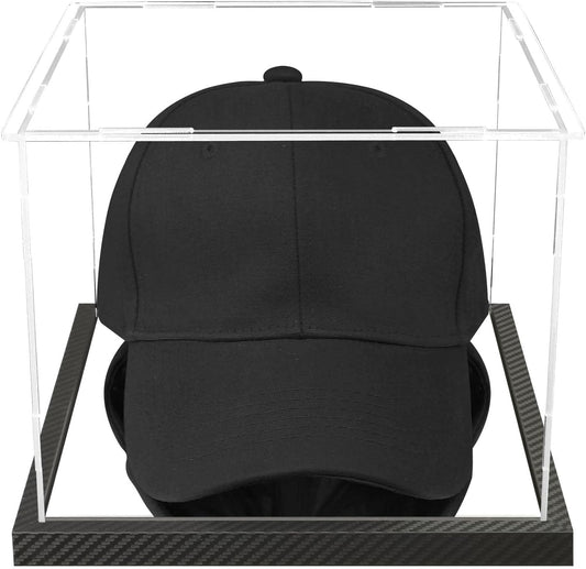 Clear Hat Display Case Acrylic Baseball Cap Holder Stand Transparent Hat Storage Box Dustproof Square UV Protection Cabinet with Carbon Fiber Skin Base and Removable Mirror Base