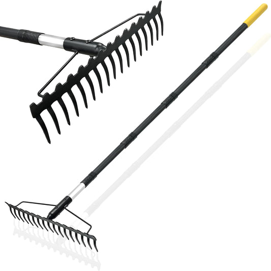 Bow Rake, 68-Inch Adjustable Handle Garden Rake with 17 Steel Tines, Heavy Duty Dual-Sided Metal Rake Landscape Gardening Tool for Soil Loosening Lawn Yard Leaves Mulch Thatch Removing