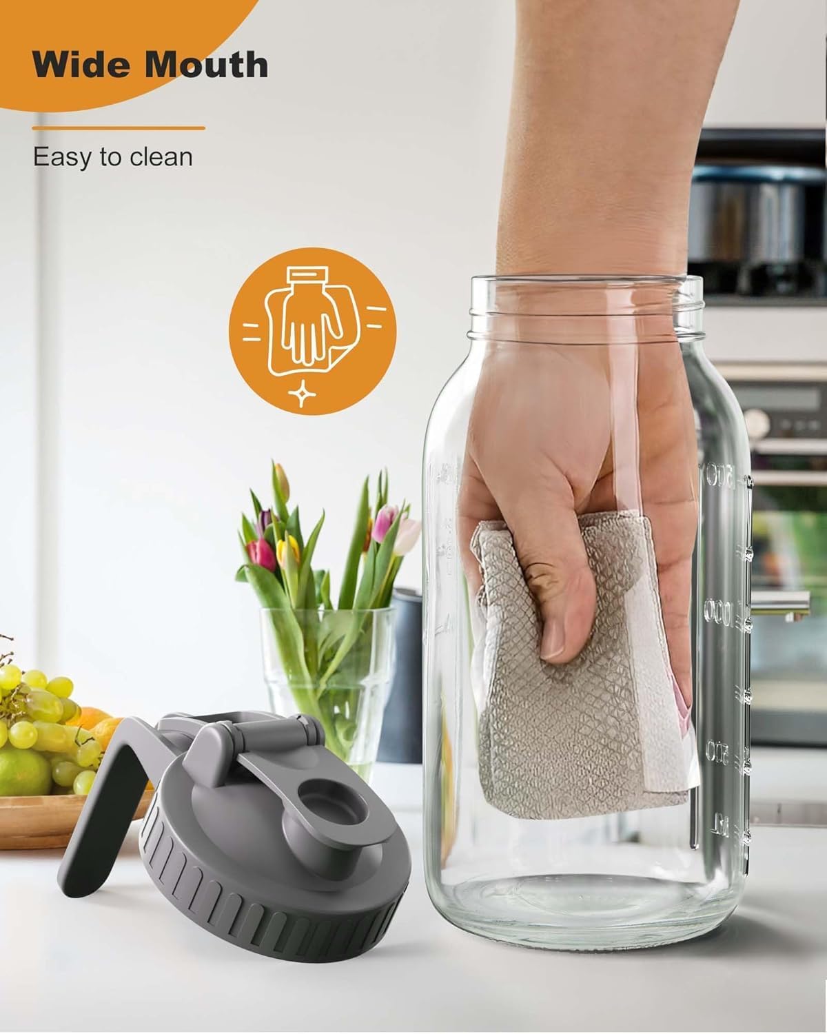 | 2 Pack | 64oz | Glass Pitcher with Lid Wide Mouth, 2 Quart (1.9 Liter) Mason Jar Pitcher with Lid and Spout, Leakproof Water Jug for Water, Juice, Tea, Iced Coffee, Milk Storage, Grey