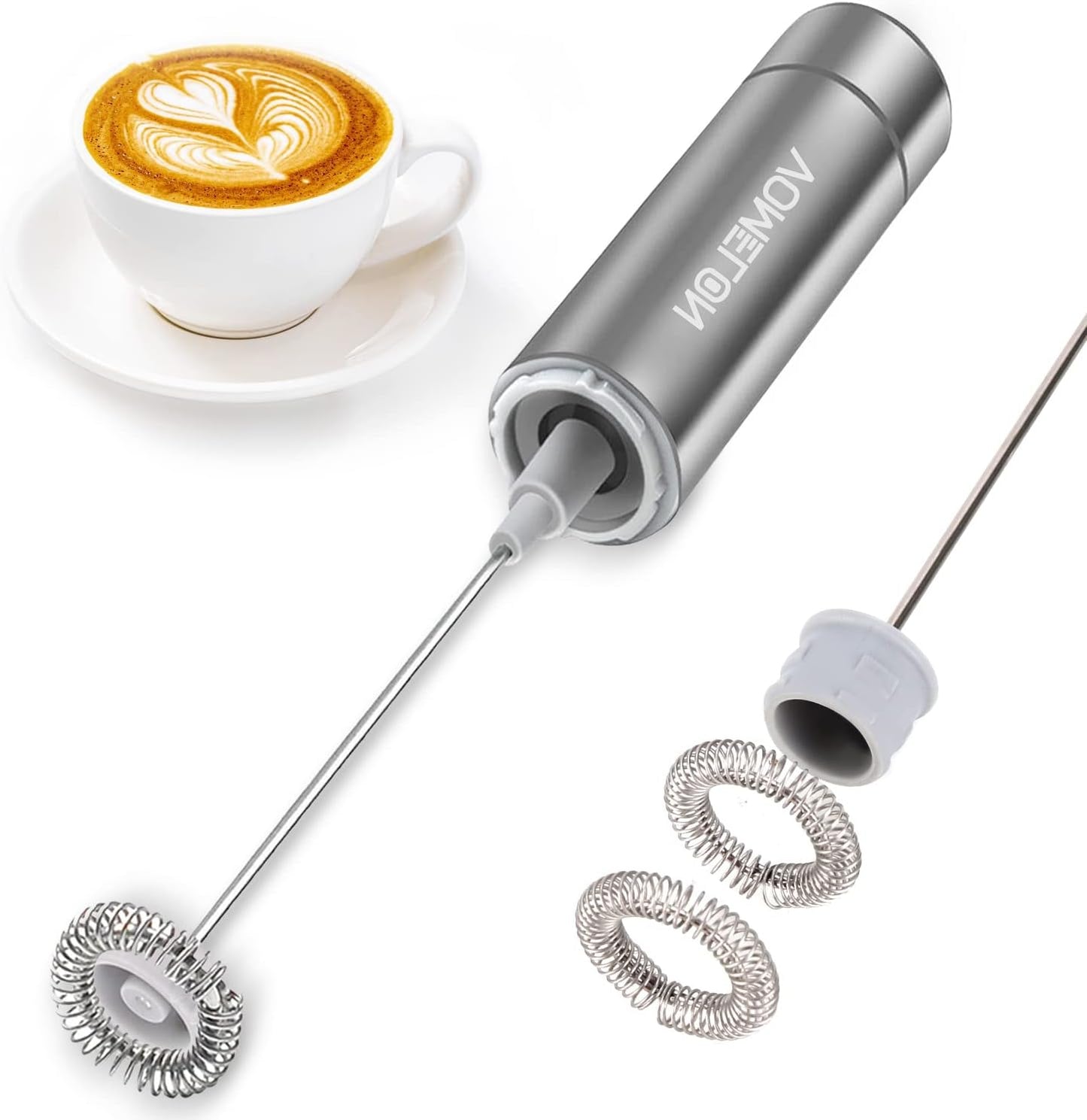 Milk Frother, Handheld Battery Operated Frother for Coffee,Portable Drink Mixer with 2 Stainless Steel Whisk Heads, Milk Foamer for Keto Coffee, Latte, Cappuccino, Hot Chocolate, Silver