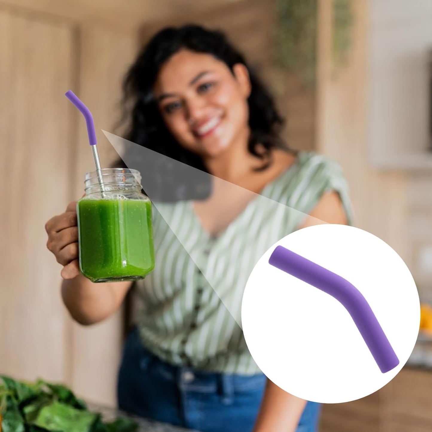 6pcs Food-Grade Silicone Metal Straw Tips, Reusable Flex Elbow Straws Cover Replacement Tips, Soft Straw Toppers Kits for 8 mm Stainless Steel Metal Straws - Dark Purple