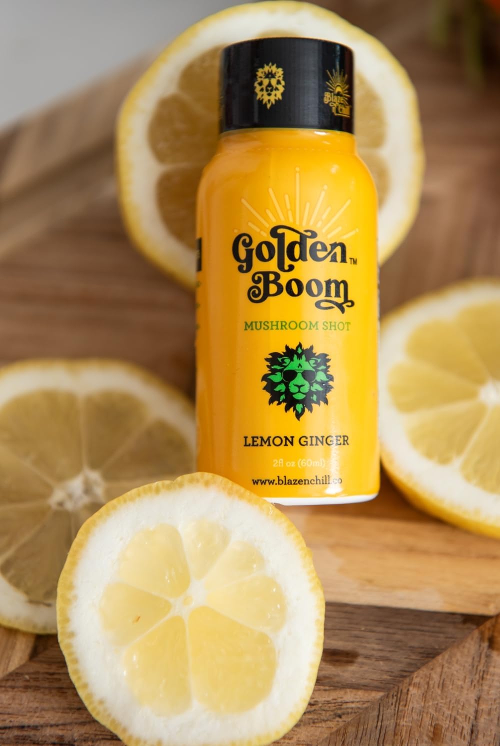 Blaze n Chill Golden Boom Mushroom Shot – Focus & Endurance Drink with Lion's Mane, Cordyceps, B-12 & Ginseng – Natural Mushrooms - Lemon Ginger (2fl oz, 6 Pack)