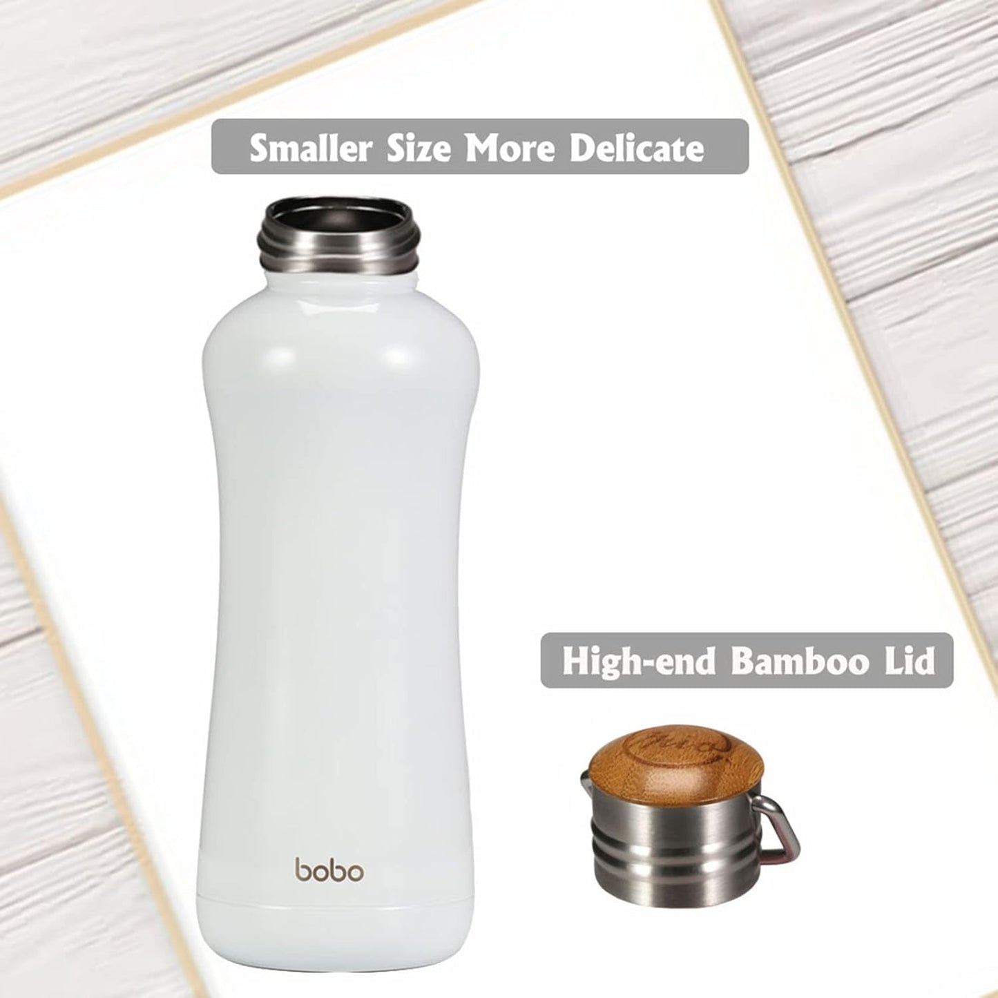 YOHKOH Mini Insulated Water Bottle With Bamboo Lid - 11.8oz Small Vacuum Insulated Water Bottle for Women Kids, 12 Hrs Hot & 24 Hrs Cold Stainless Steel Thermos Leak-Proof BPA-Free (11.8oz,White)